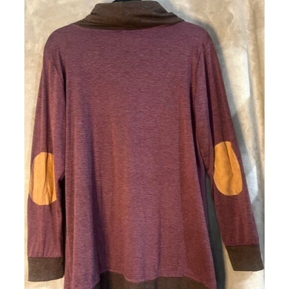 Womens Long Sleeve Cowl Neck Scarf Top Purple Plum Brown Heathered Elbow Patch - Picture 8 of 11